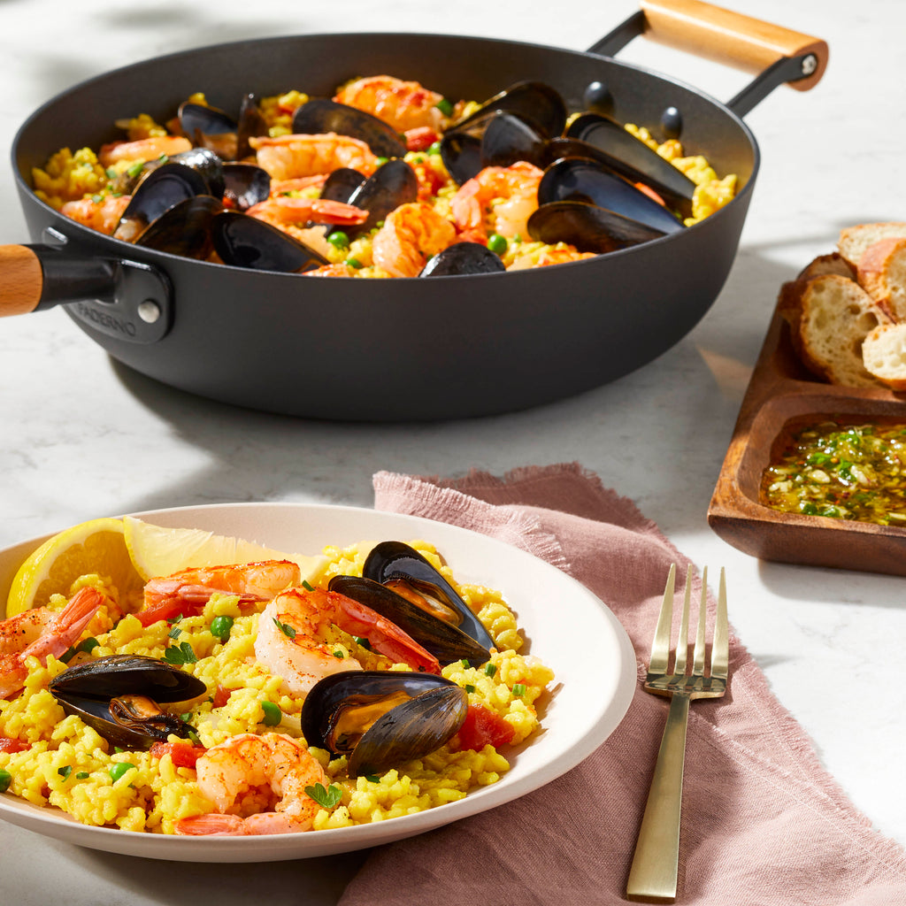 Spanish Seafood Paella with Garlic Olive Oil Dip